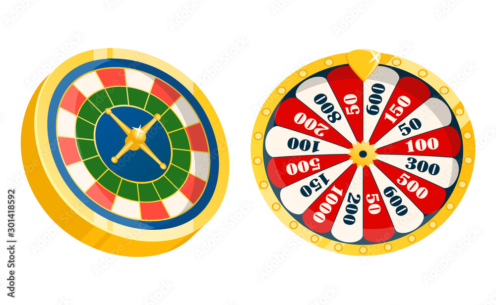 Playing on money, roulette fortune wheel with numbers of winning prize, amount of reward. Flat style circles for gamblers, gambling hobby addiction. Vector illustration in flat cartoon style Playing on money, roulette fortune wheel with numbers of winning prize, amount of reward. Flat style circles for gamblers, gambling hobby addiction. Vector illustration in flat cartoon style