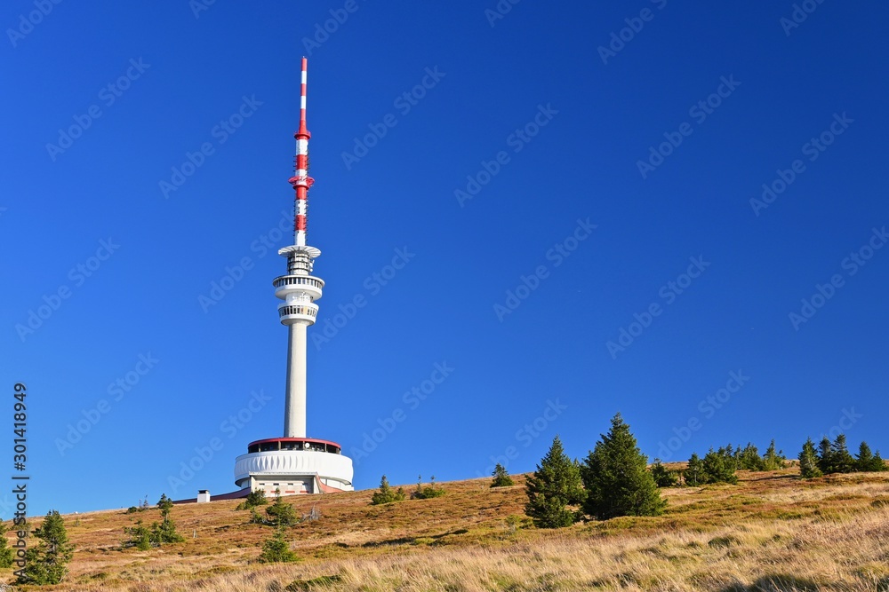 Obraz premium Highest Peak of Moravia, Praded 1492 m. Transmitter and lookout tower on the hill. Jeseniky Mountains Czech Republic