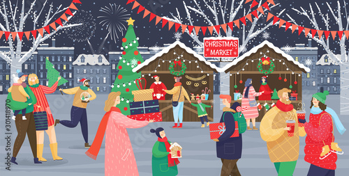 Christmas market vector, shops with souvenirs. Festive kids and adults, man and woman with children, streets with flags. People walking between decorated stalls or kiosks and having rest with family