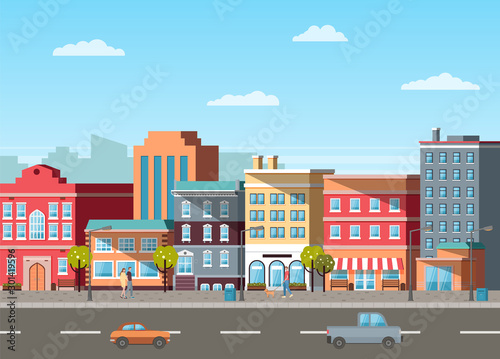 Empty street, buildings colored in different shades. Cars driving on roads, city life with transport and residential property of people old town. Vector illustration in flat cartoon style