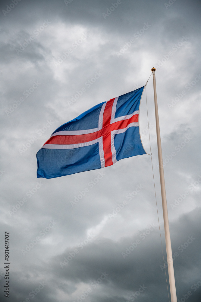 Wind on iceland flag on a stormy afternoon