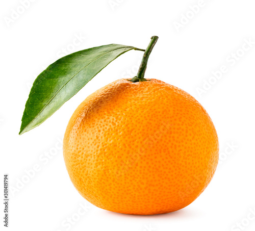Ripe mandarin with a green leaf close-up on a white. Isolated.