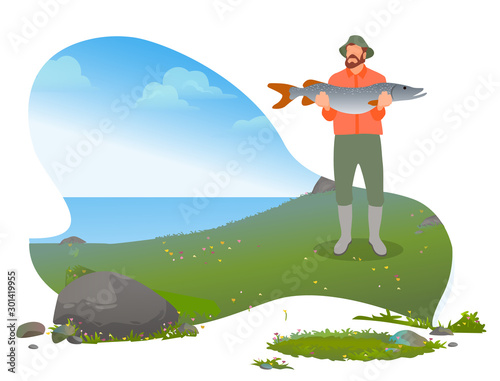 Bearded fisherman standing near lake and poses with caught big fish. Man with green wearing hat and waders hold in hand fish and showing. River fishing weekend hobby. Vector illustration in flat style