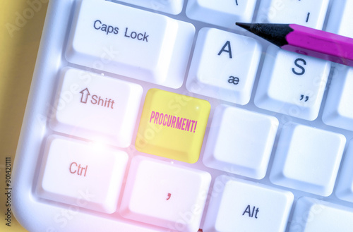 Conceptual hand writing showing Procurment. Concept meaning action of acquiring military equipment and supplies White pc keyboard with note paper above the white background photo