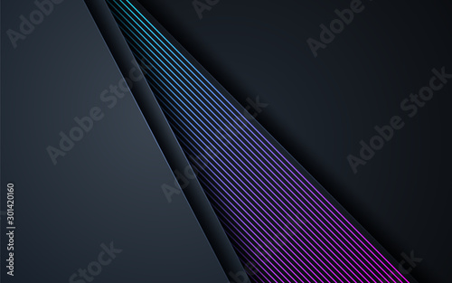 Dark abstract background with black overlap layers. Texture with gradient line element decoration.