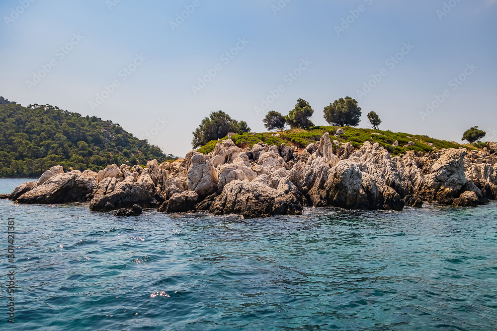 Summer Landscape green island with hills Sea in Turkey. Turkish coast.