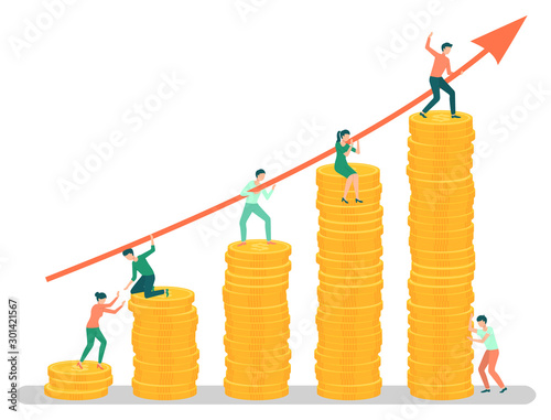 Results of business projects, successful boss with team. People walking on chart made of coins, hardworking employees with growing arrow up. Vector illustration in flat cartoon style