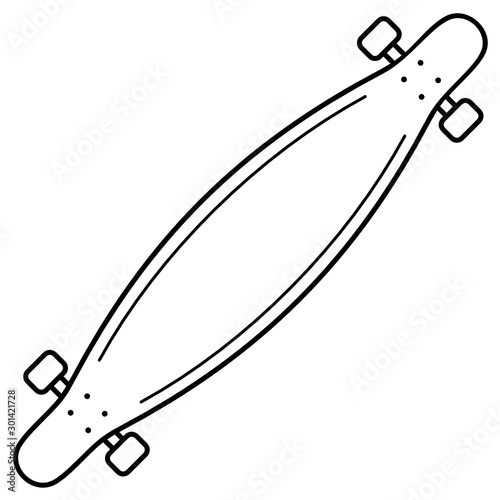 Top view of longboard. It is a type of skateboard typified by longer decks and wheelbases, used for cruising, covering distances, commuting, and downhill (racing). Vector outline icon.