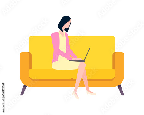 Freelancer working from home, lady sitting on sofa, furniture at house, comfortable atmosphere for work and productivity, person with computer. Vector illustration in flat cartoon style