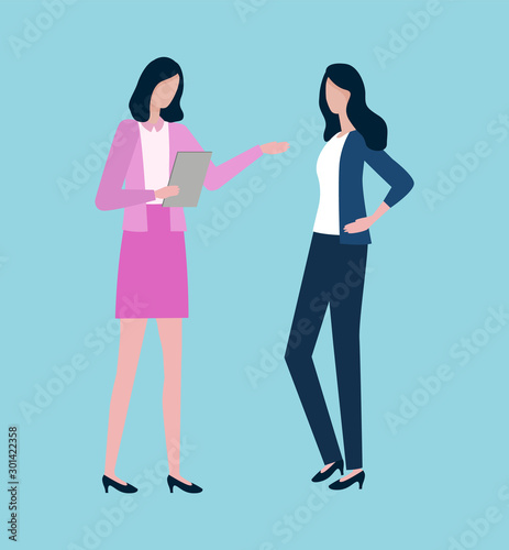 Two women discussing business issues isolated cartoon characters. Pretty lady in pink costume with clipboard and businesswoman in suit with trousers. Vector illustration in flat cartoon style