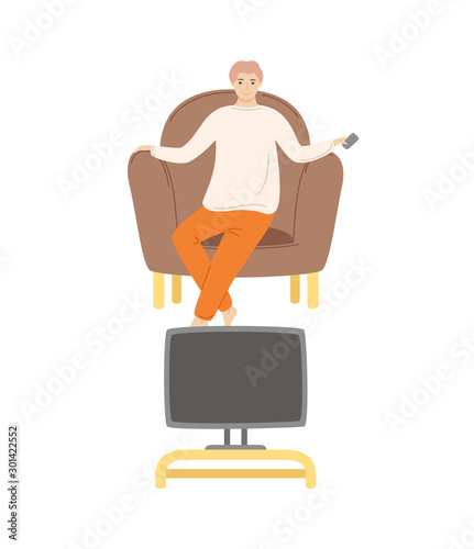 Person at home, male watching movies sitting in comfortable armchair and holding remote control in hand, television and show programs broadcasting. Vector illustration in flat cartoon style