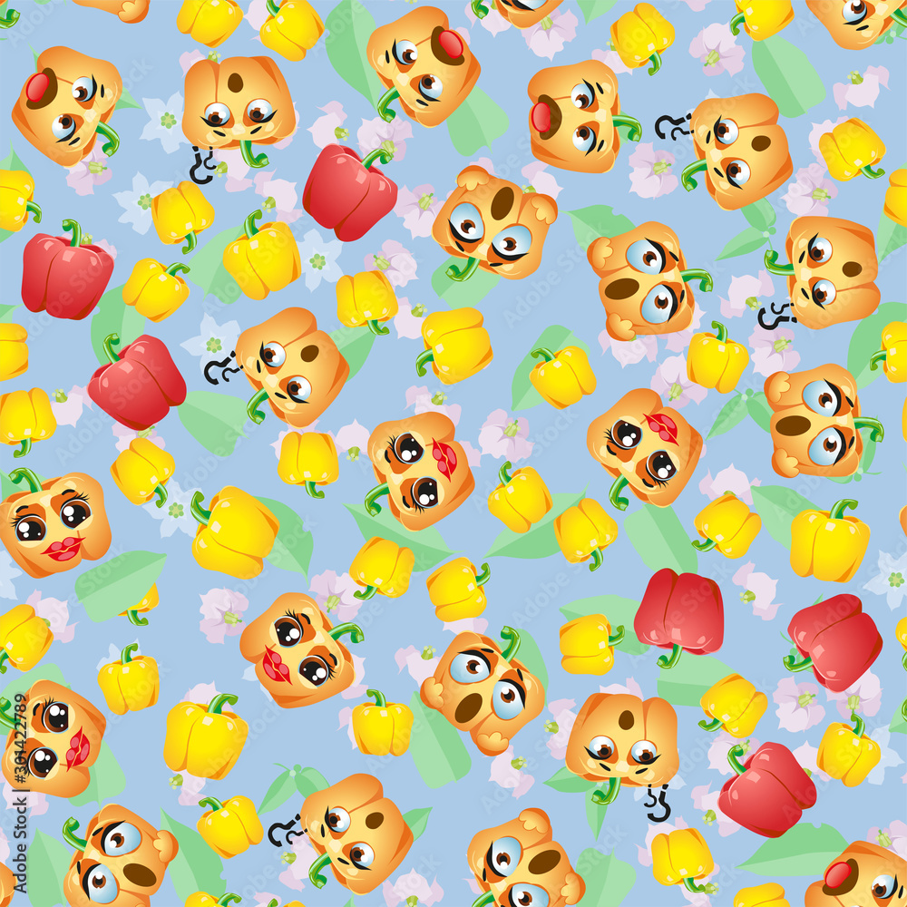 Cute seamless pattern with cartoon emoji Bell pepper Cute seamless pattern with cartoon emoji Bell pepper