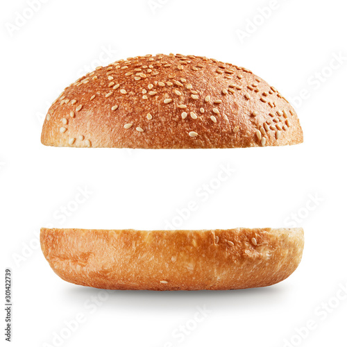 Open burger bun on white background photo