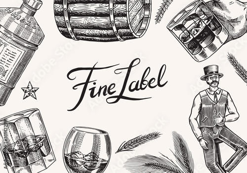 Vintage Whiskey banner. Strong Alcohol drink background. Glass bottle, wooden barrel, scotch and bourbon, wheat and rye, Victorian man, cheers toast. Retro poster. Hand drawn engraved sketch.