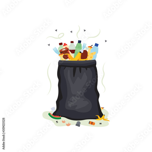 Black plastic trash bag full of dirty garbage - bottles, cans and smelly food