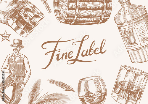 Vintage Whiskey banner. Strong Alcohol drink background. Glass bottle, wooden barrel, scotch and bourbon, wheat and rye, Victorian man, cheers toast. Retro poster. Hand drawn engraved sketch.