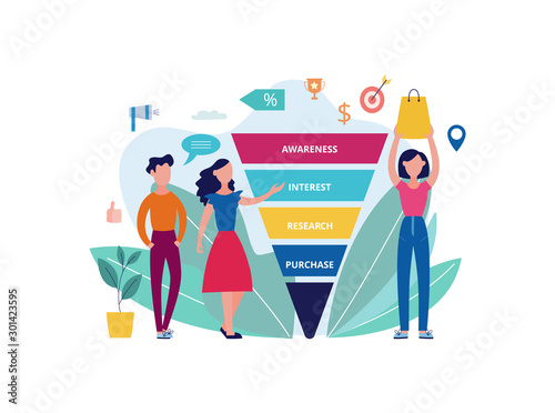 Customer journey banner - cartoon people standing by colorful sales funnel.