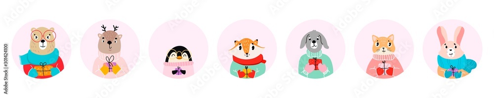 Fototapeta premium Set of cute animals in clothes with gift. Vector illustration. All elements isolated. Eps 10.