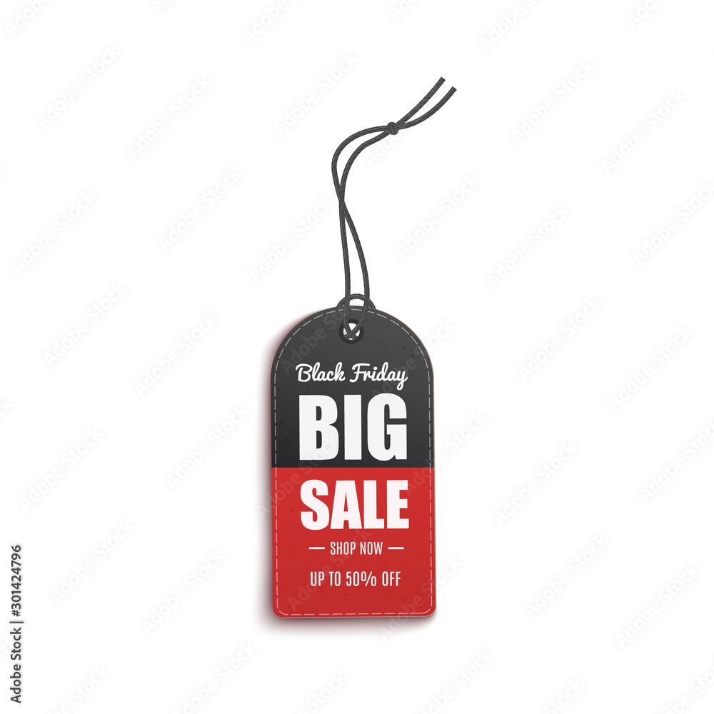 Black Friday - big sale up to 50% off. Red and black realistic clothing hang tag Black Friday - big sale up to 50% off. Red and black realistic clothing hang tag