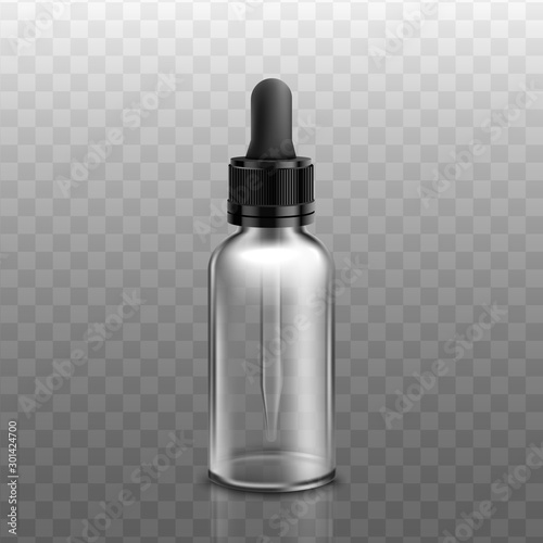 Realistic glass dropper bottle mockup with black cap - vector illustration.
