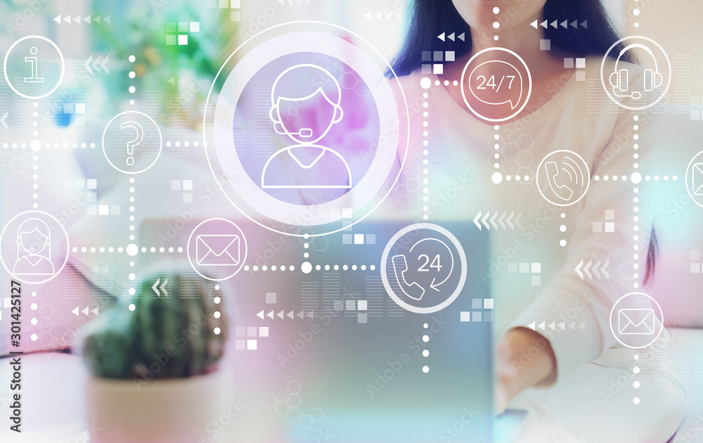 Customer service 24 hours 7 days a week with woman using her laptop in her home office Customer service 24 hours 7 days a week with woman using her laptop in her home office