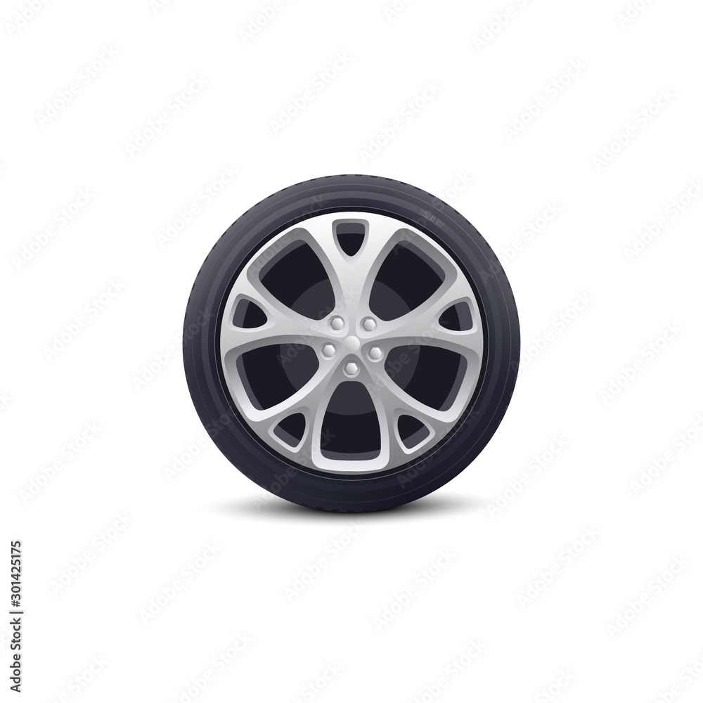 Car wheel isolated object realistic vector illustration on white background.