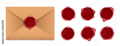 Brown letter envelope with wax seal and dark red wax stamp set