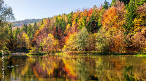 Incredible autumn landscape with lake and mountains