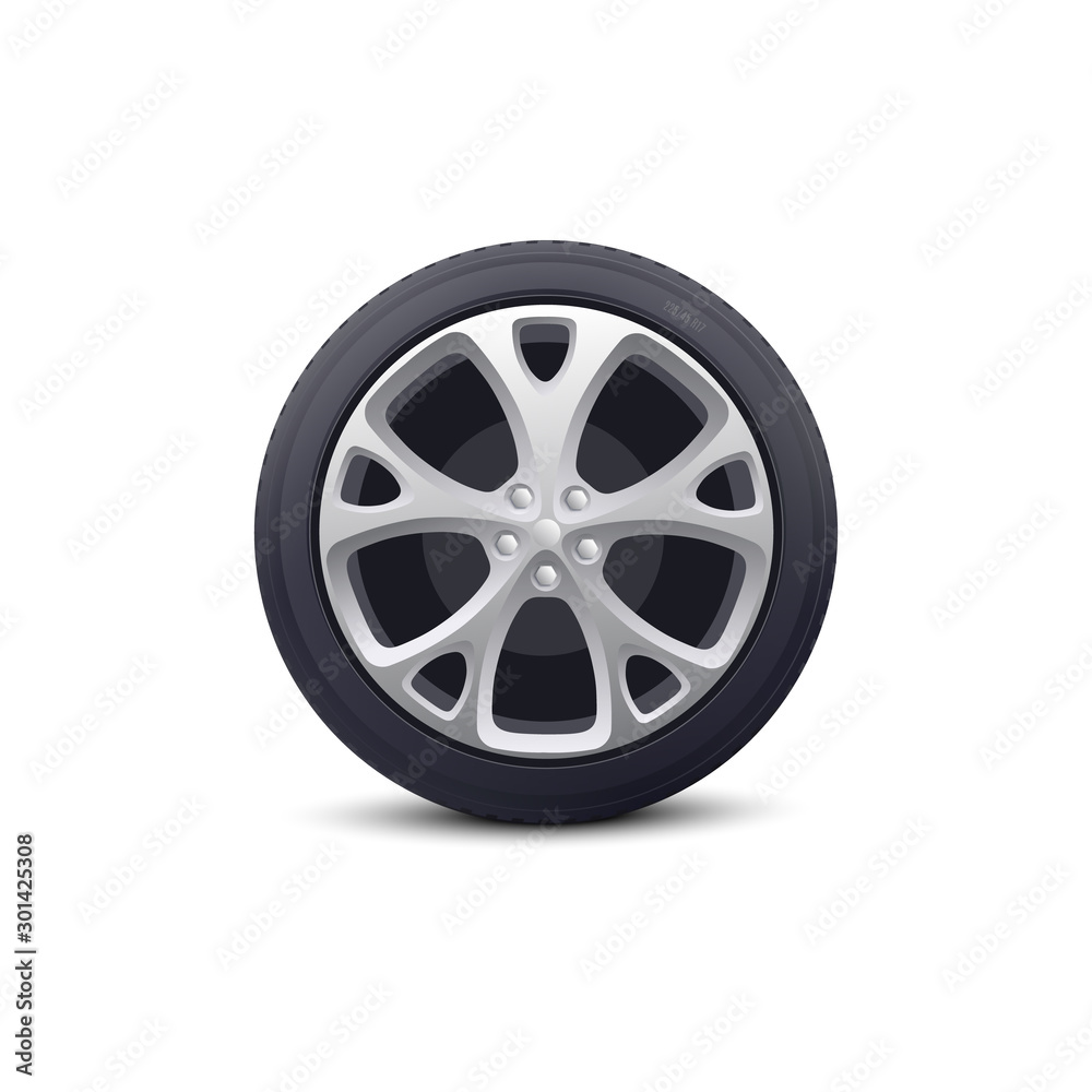 Car wheel with disk and rubber tire realistic vector illustration isolated.