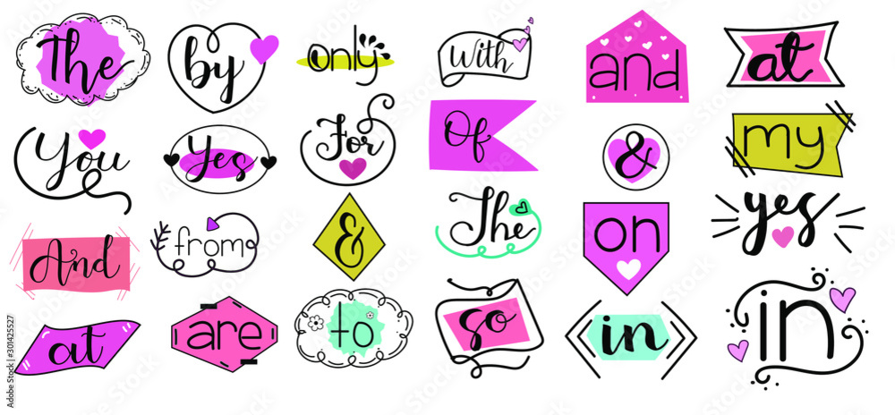 Catchwords Collection Romantic with Handwritten font. Prepositions ...