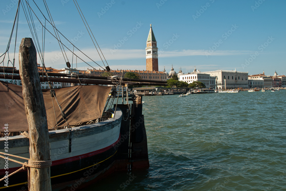 Venice, Italy, Europe: View of Campanile and Ducale or Doge Palace, seen from Punta della Dogana