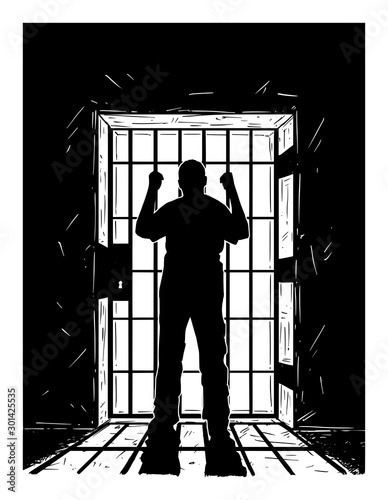 Fototapeta Vector black and white artistic hand drawing of prisoner in prison cell holding iron bars