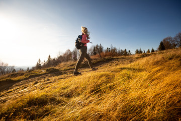 Hiker young woman with backpack rises to the mountain top on mountains landscape background