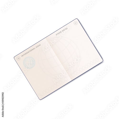 Open travel passport with border stamp, realistic vector illustration isolated.