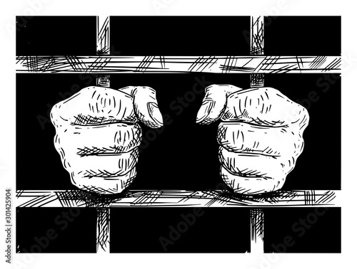 Vector black and white artistic drawing of hands of prisoner in prison cell holding iron bars.