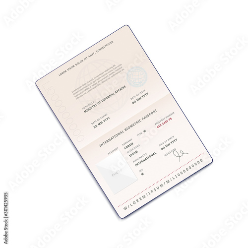 Travel passport open on identification page, 3d vector illustration isolated.