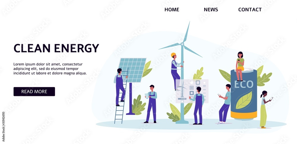 Clean energy banner template with people characters illustration isolated. Clean energy banner template with people characters illustration isolated.