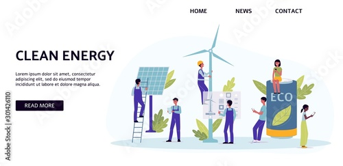 Clean energy banner template with people characters illustration isolated.