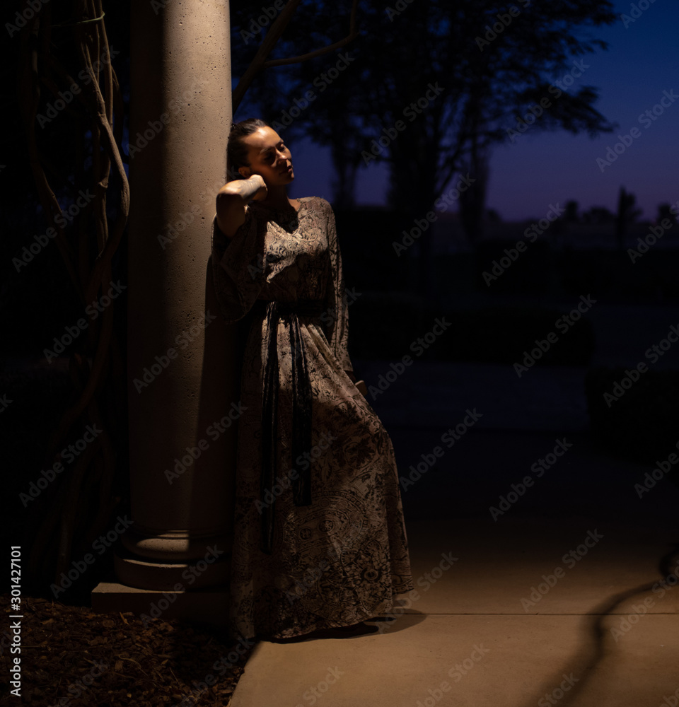 Naklejka premium Lady in beautiful dress posing outdoor at night