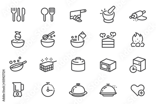 Different cooking with kitchenware in outline icon style.