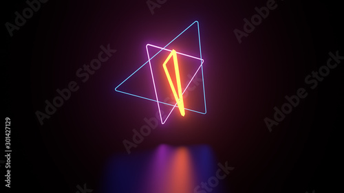 3d render of neon gemetry above reflection floor. Glow neon objects.