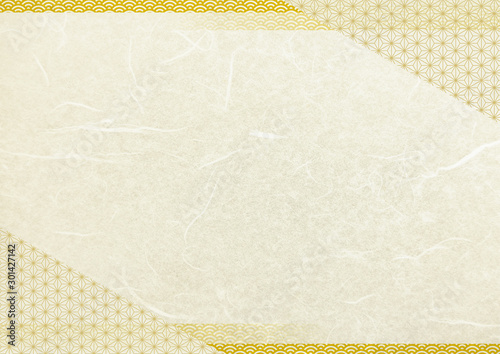 和風和柄フレームベージュ・金色背景和紙テクスチャ