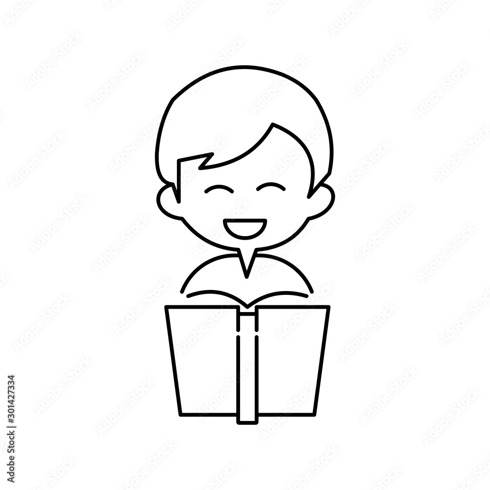 Concept of learning. Kid with a book. Outline thin line flat illustration. Isolated on white background. Concept of learning. Kid with a book. Outline thin line flat illustration. Isolated on white background.