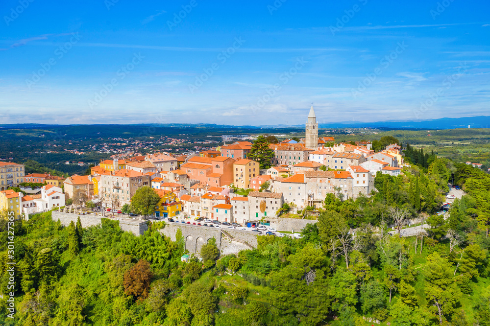Town of Labin in Istria, Croatia, old traditional houses and castle, view from drone