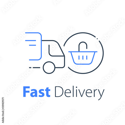 Shopping order delivery, truck distribution, purchase shipping, basket line icon
