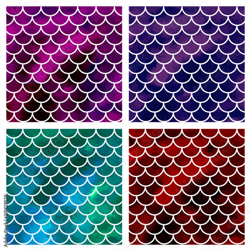 Set of dark colorful mermaid scales. Fish scales. Underwater sea pattern. Vector illustration. Perfect for print design for textile, poster, greeting card, invitation.