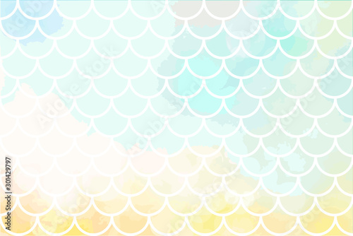 Light yellow-blue mermaid scales. Fish scales. Underwater sea pattern. Vector illustration. Perfect for print design for textile, poster, greeting card, invitation.