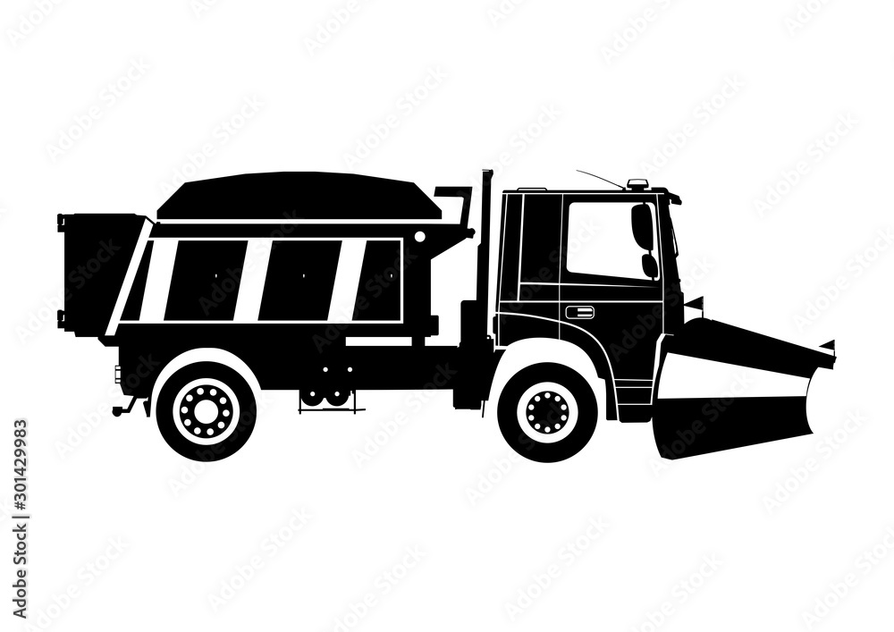Snow plow. Silhouette of snow plough on a white background.Side view. Flat vector.