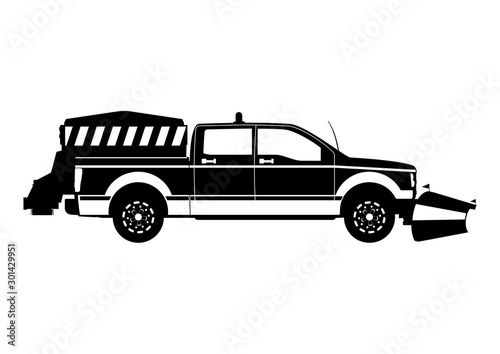 Snow plow. Silhouette of snow plough on a white background.Side view. Flat vector.