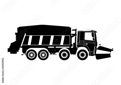 Snow plow. Silhouette of snow plough on a white background.Side view. Flat vector.